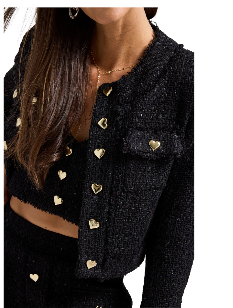 tweed jacket with gold heart buttons