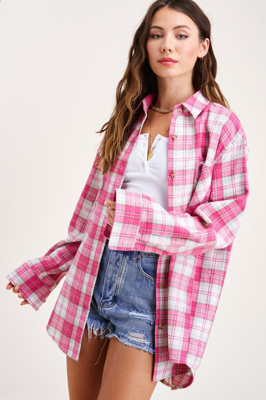 oversized pink plaid flannel shirt