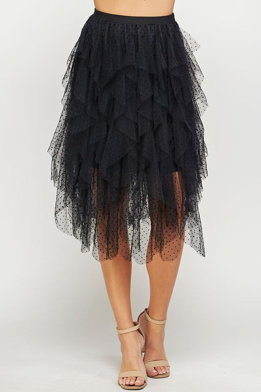 Ruffle Frills Mini Skirt in polka dot mesh tulle fabric. This style features elastic at the waist band, and knit lining.