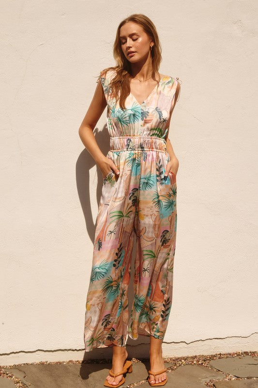 cinched waist sleeveless jumpsuit in tropical palm springs print
