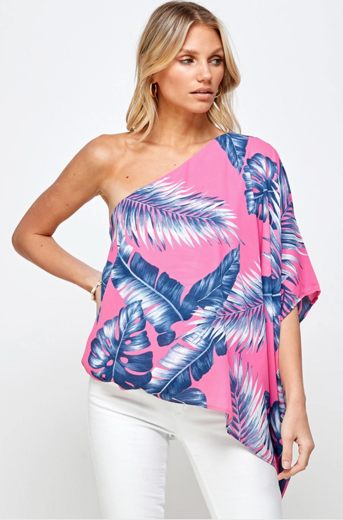 one shoulder pink palm print top