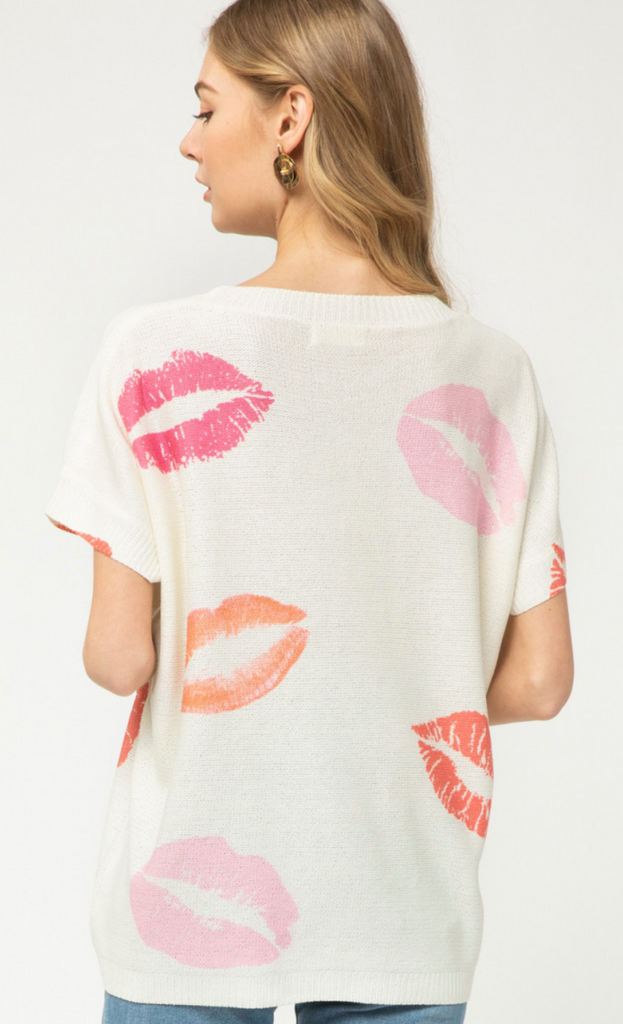 lip print short sleeve sweater top