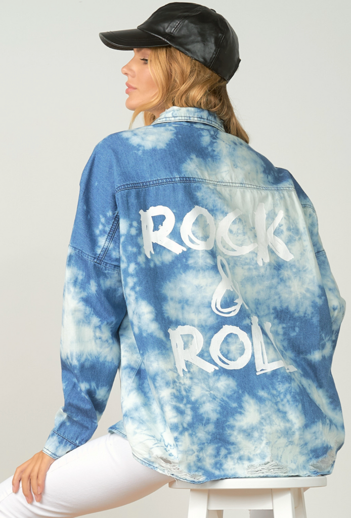 denim acid washed shirt jacket by elan rock and roll printed on back