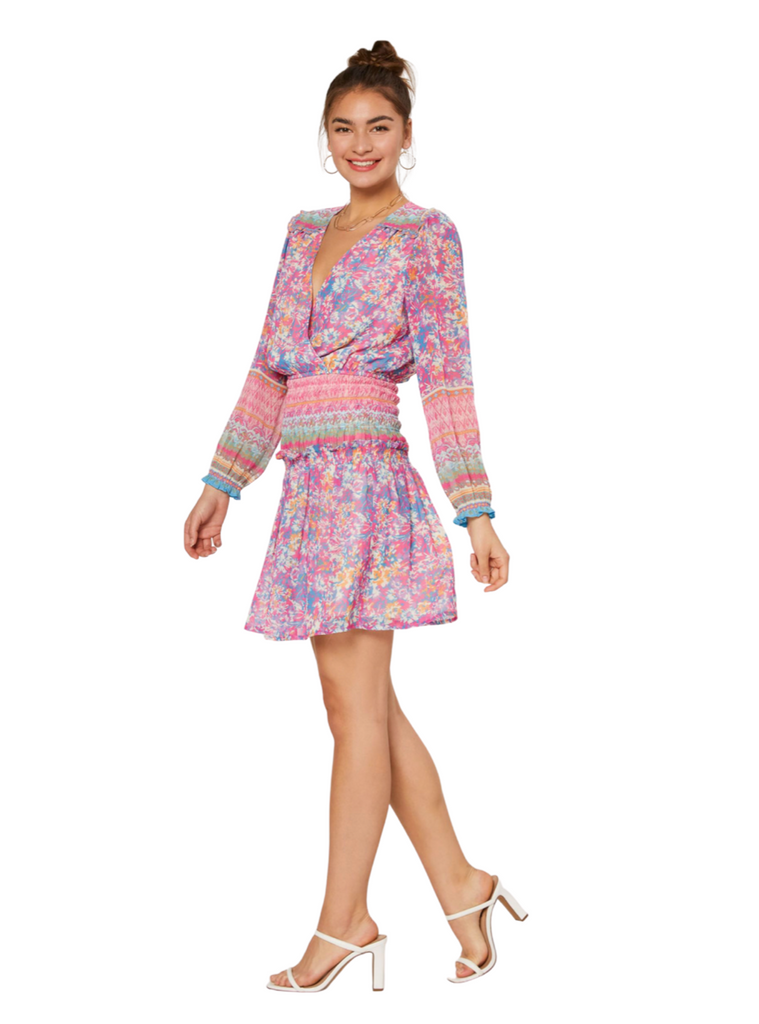 floral print long sleeve v-neck mini dress with elastic tier waist and ruffle detail on shoulder 