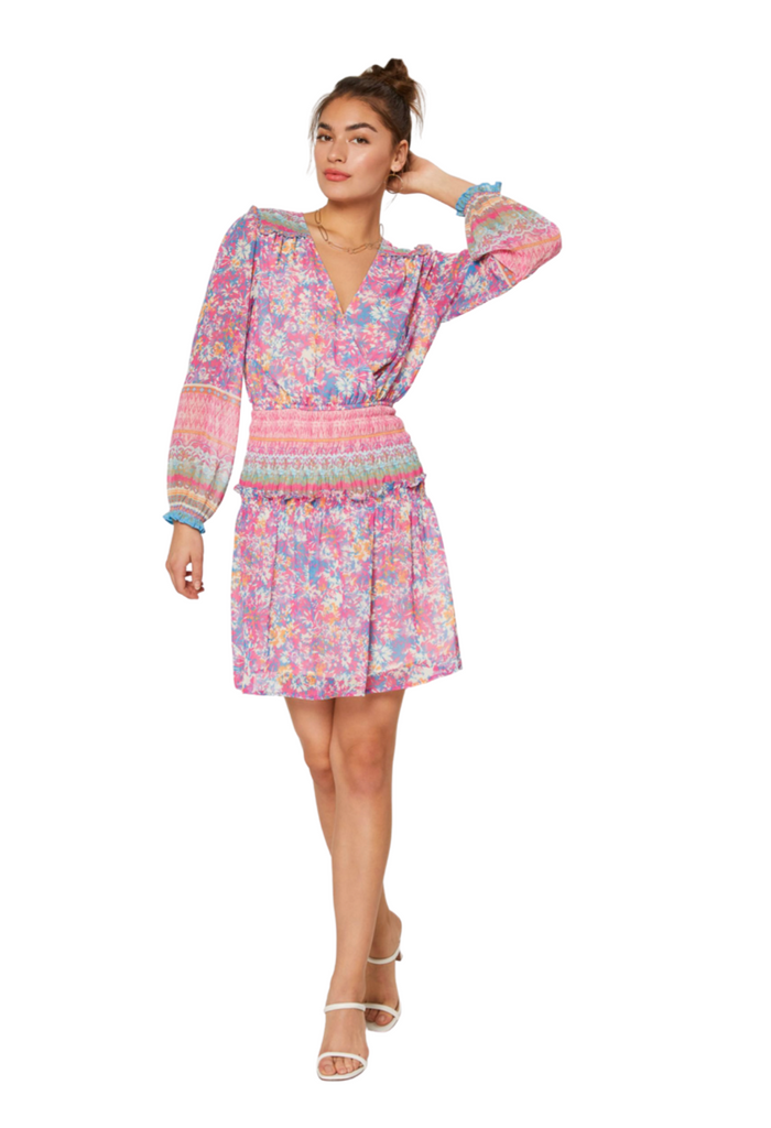 floral print long sleeve v-neck mini dress with elastic tier waist and ruffle detail on shoulder 