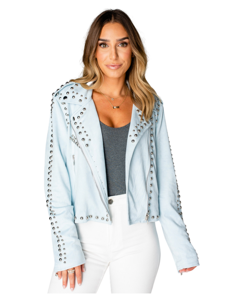 metal studded moto jacket in soft faux suede in baby blue by buddylove at thistle and main 