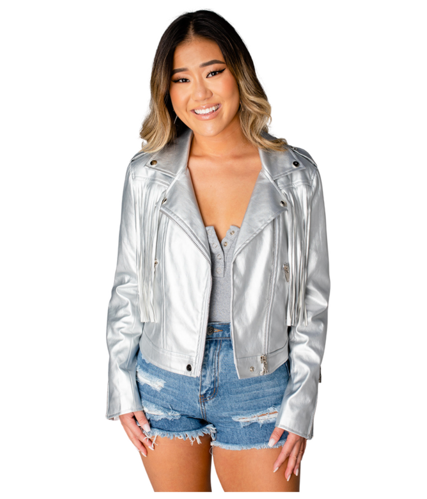 vegan leather jacket with fringe on arms and back in silver by buddylove