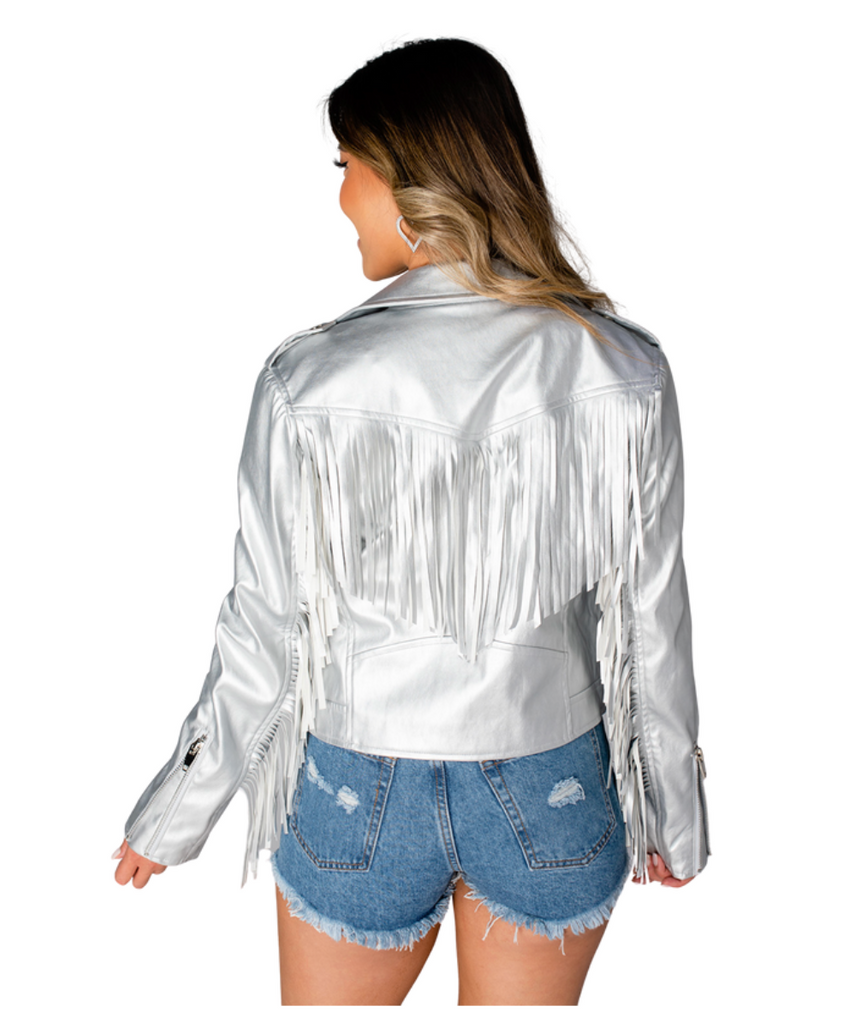 vegan leather jacket with fringe on arms and back in silver by buddylove