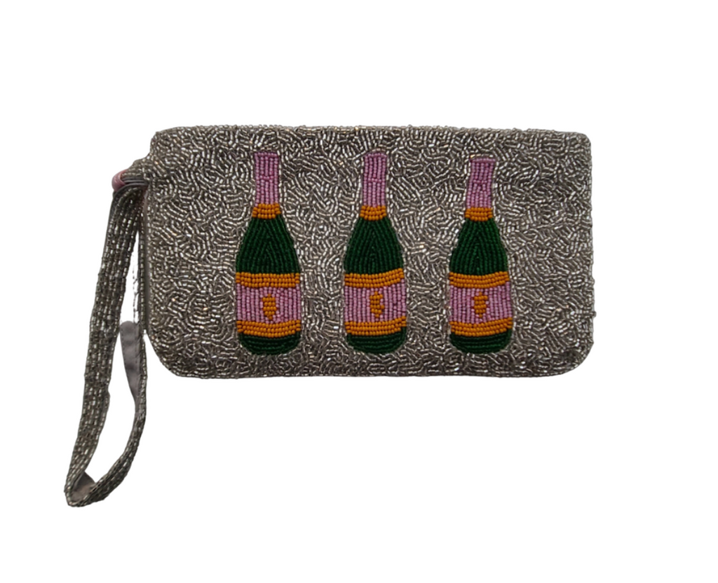 hand beaded silver champagne bottles wristlet clutch purse by tiana designs