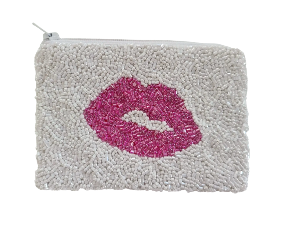 hand beaded white and hot pink lips coin purse by tiana designs