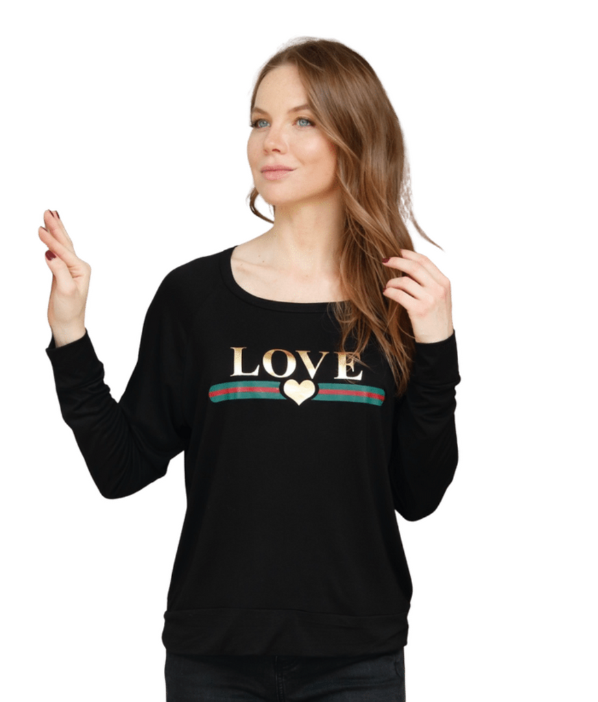 long sleeve top featuring a gold foil love heart striped graphic on the front and gold foil hearts graphic down the arm