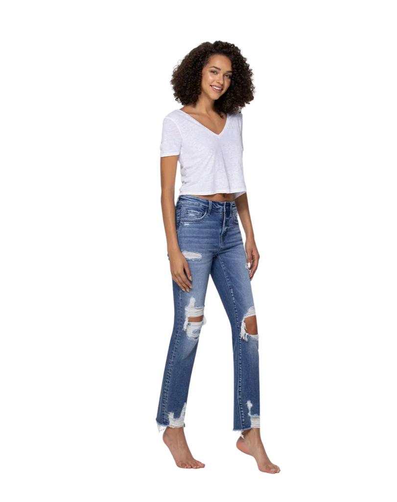 MID RISE DISTRESSED ANKLE STRAIGHT DENIM JEANS BY FLYING MONKEY