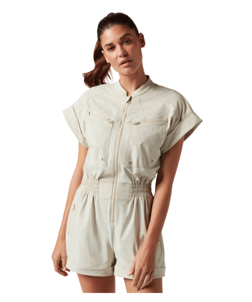 mastermind zip up romper with cinched elastic waist and cuffed bottom