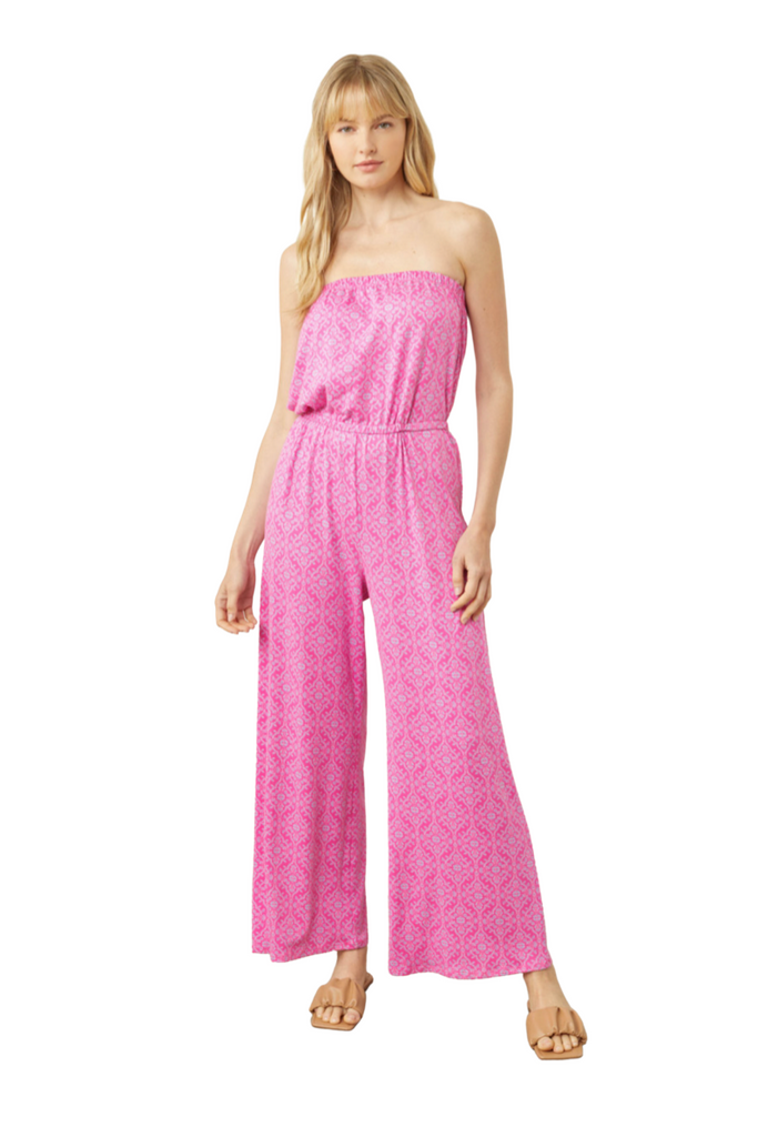 Printed wide leg tube jumpsuit featuring elastic at waist and neckline