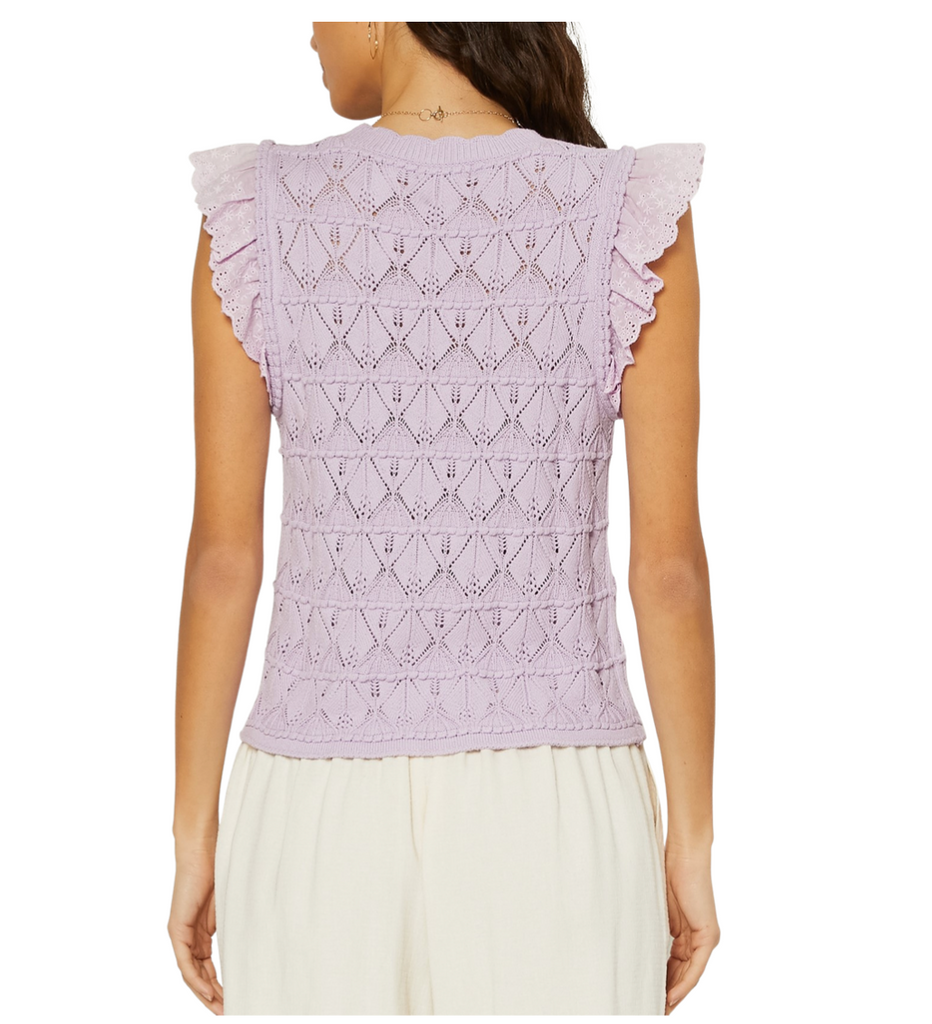 Sleeveless pointelle sweater with lace contrast detail on sleeve by current air