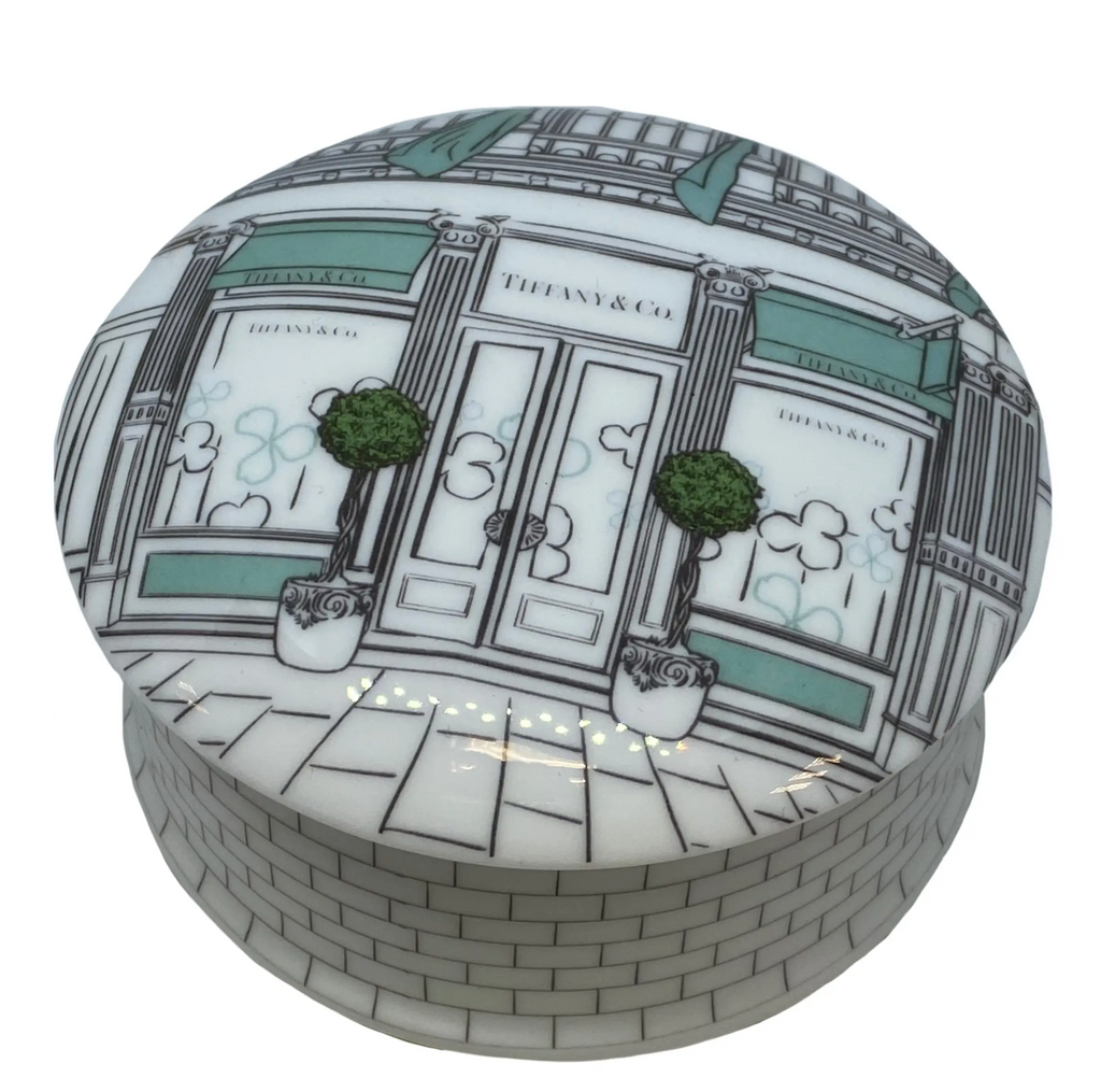 Hand-drawn fashion inspired storefront illustrations with a hint of color, printed on fine bone china trinket box.