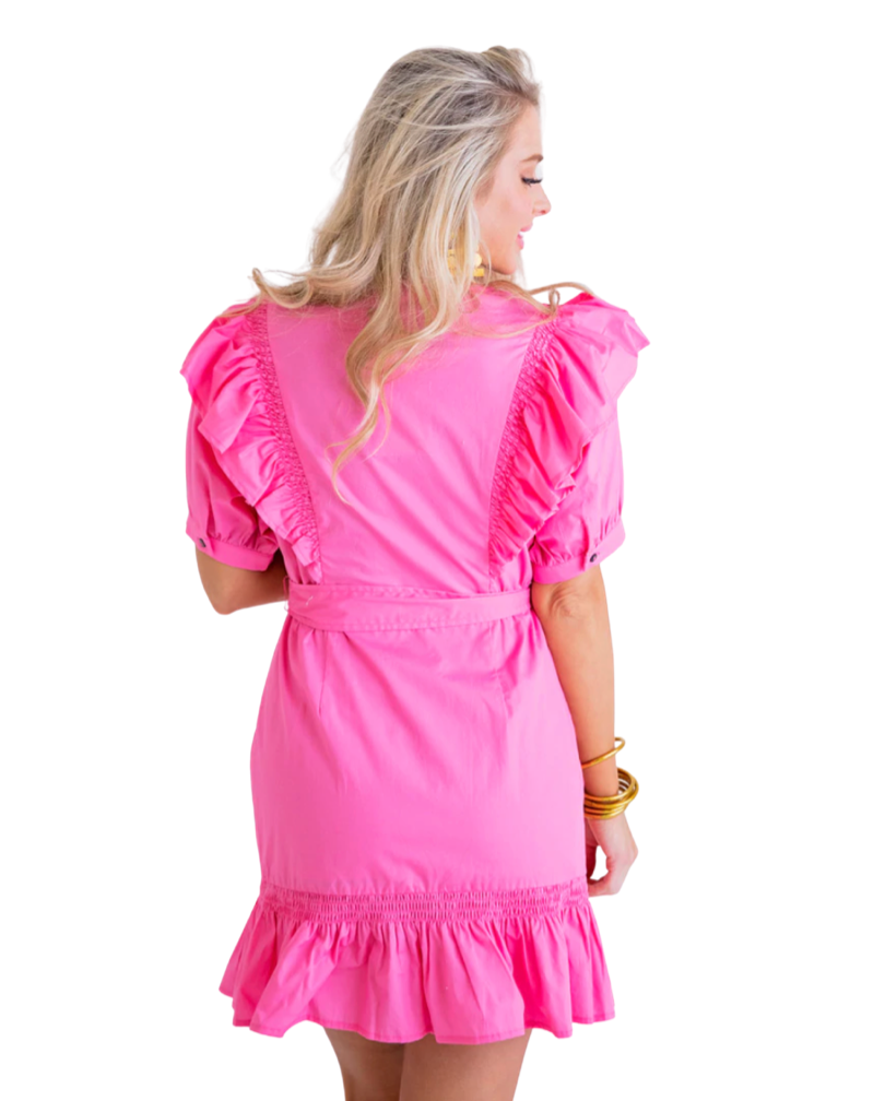 solid pink poplin wrap dress with ruffle bottom