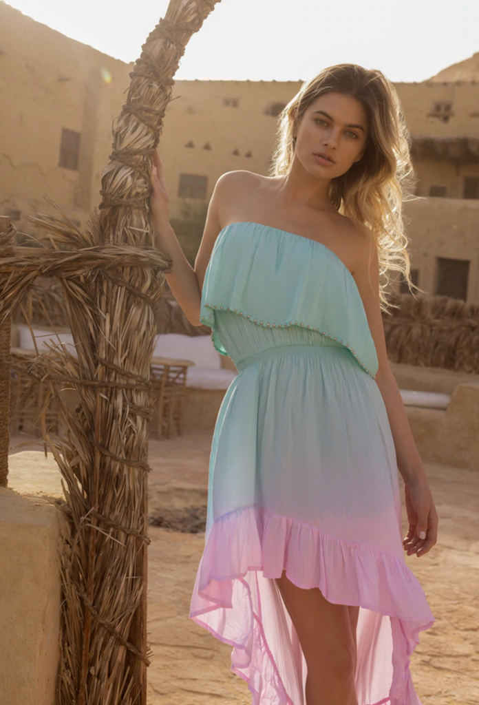 strapless tie dye maxi dress with ruffle bottom trim and embellished top by tiare hawaii