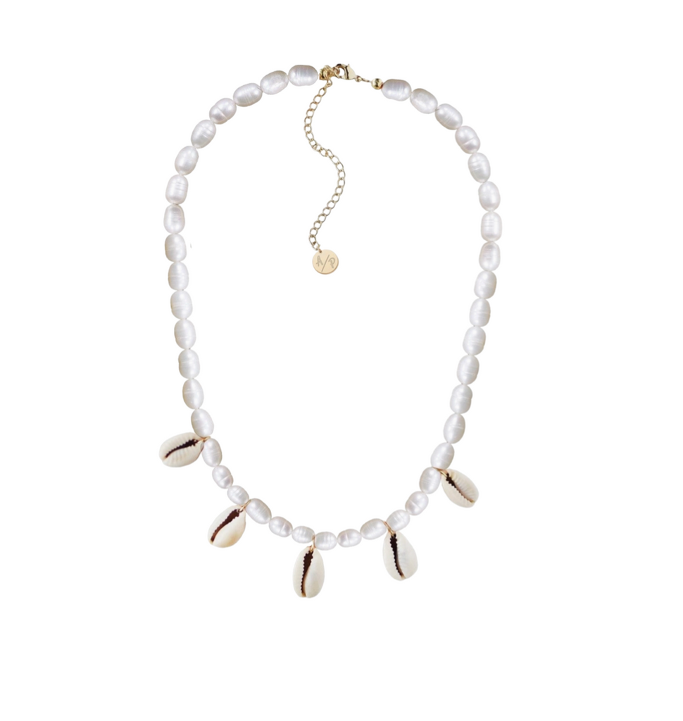 pearl choker with 5 dangling cowry shells by adriana pappas
