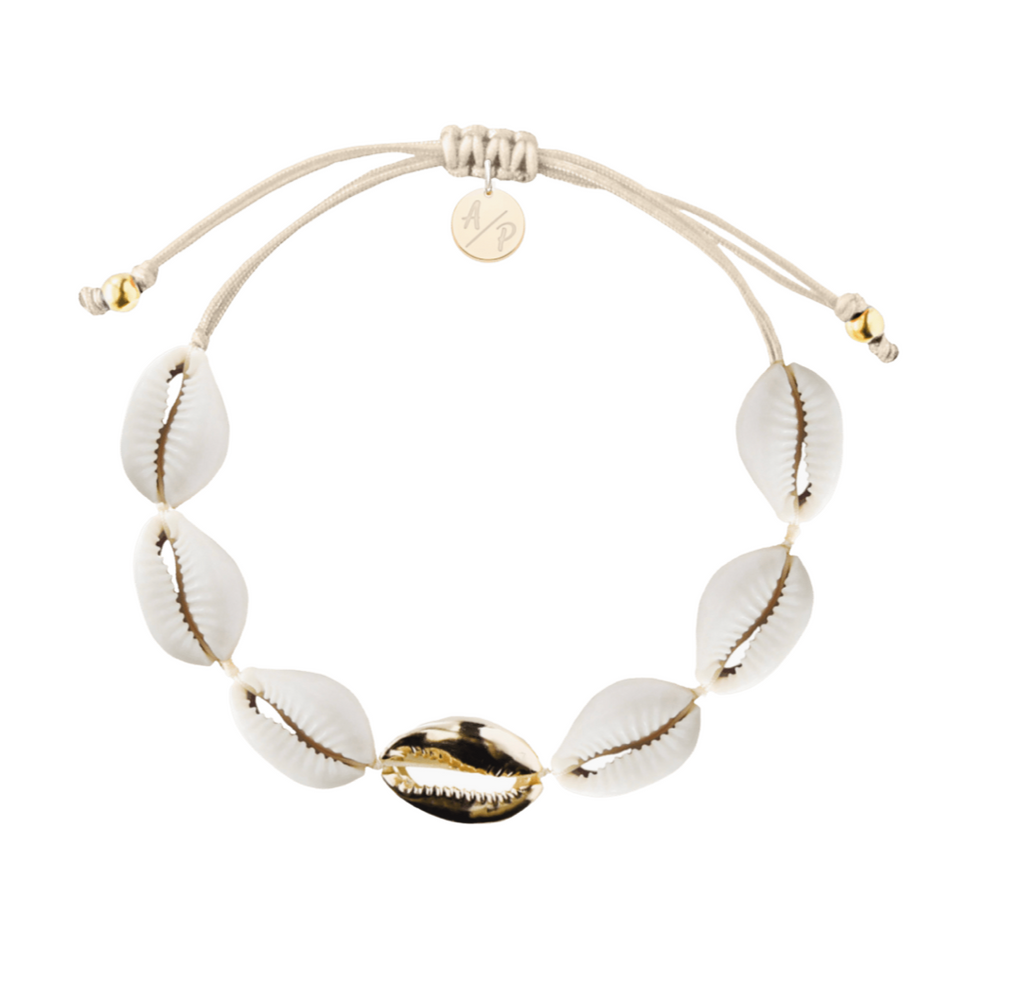 single gold cowry shell with natural cowry shells bracelet