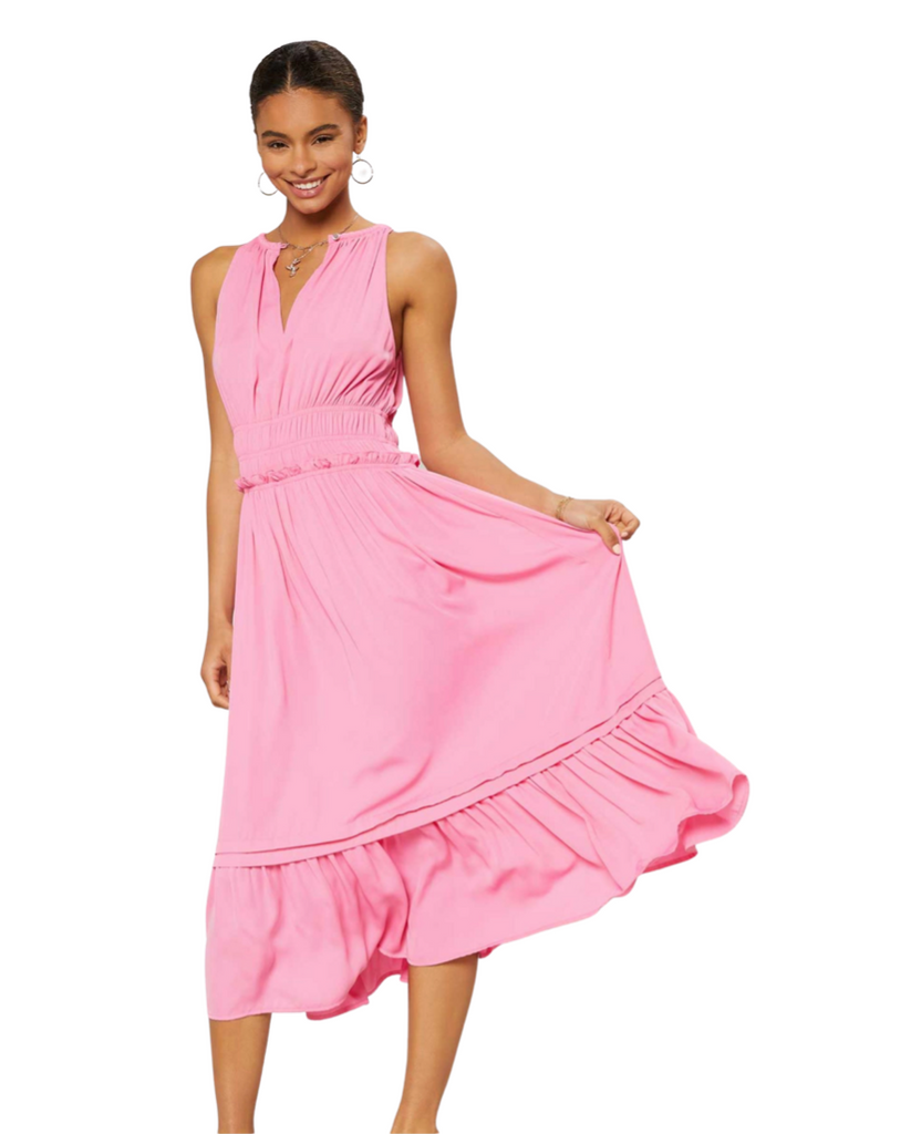 bright candy pink halter style maxi dress with elastic waist and ruffle detail bottom by current air