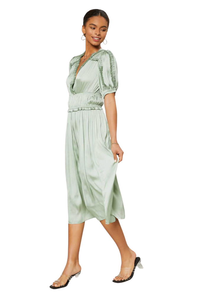 Short sleeve elastic waist midi dress with ruffle detail