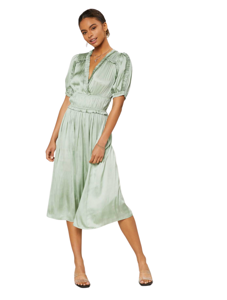 Short sleeve elastic waist midi dress with ruffle detail