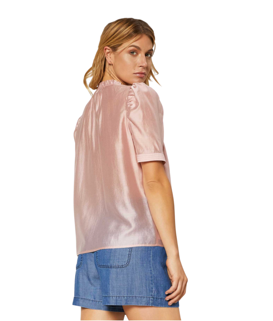 light pink split neck top, puff sleeve, with stitch detail on sleeve by current air
