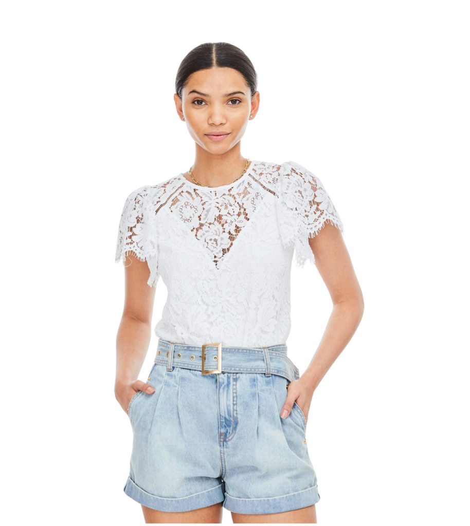white lace top with scalloped sleeves and bottom by generation love