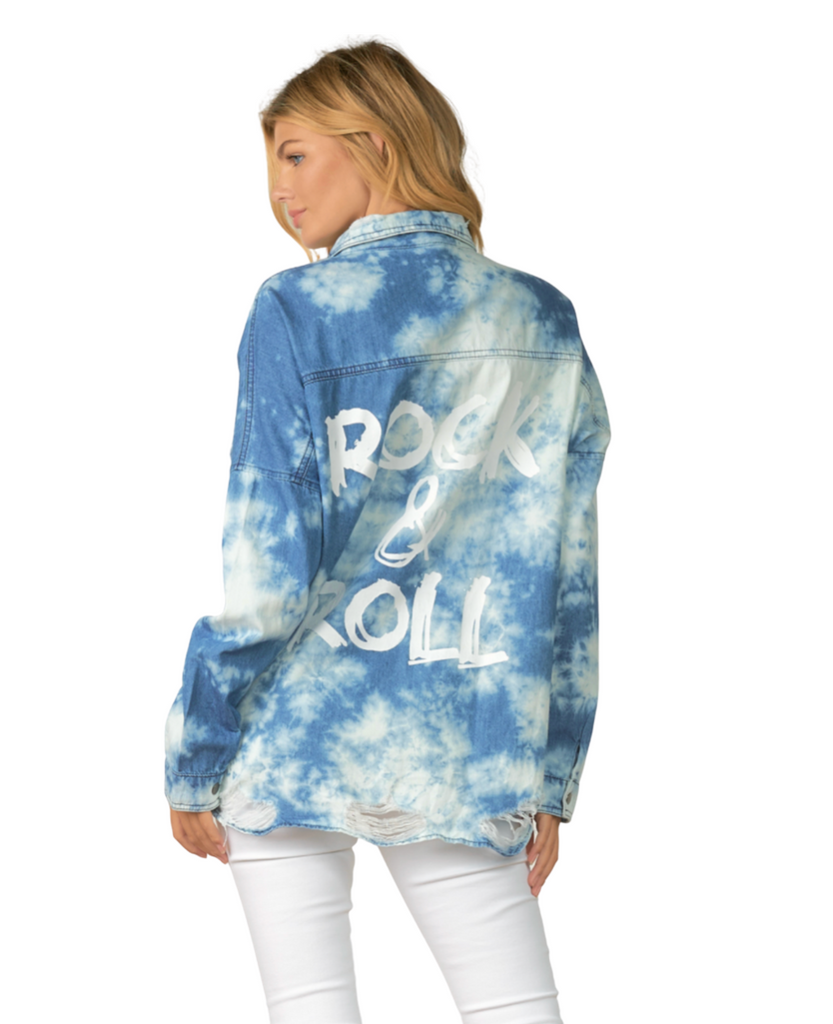 denim acid washed shirt jacket by elan rock and roll printed on back