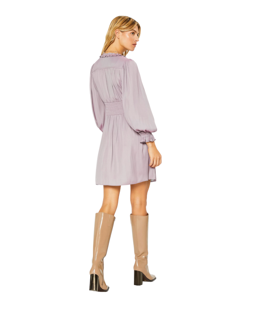 ruffle trimmed v neck long billowy sleeve dress with smocked waist by current air