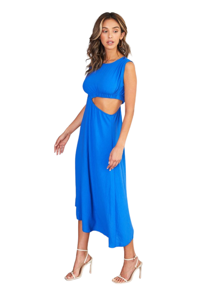 sleeveless side cutout midi dress in royal blue