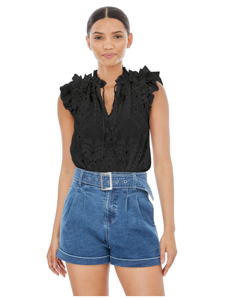 embroidered lace ruffle shoulder and sleeve with split neckline top