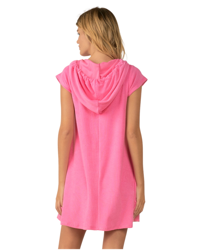 terry cloth coverup dress with hoodie in pink by elan