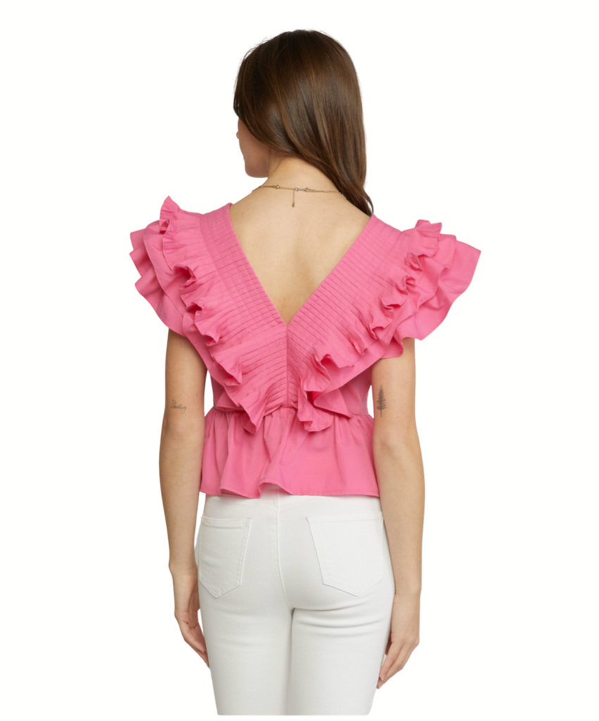 Solid v-neck peplum top featuring pleats and ruffle detail at neckline and sleeves