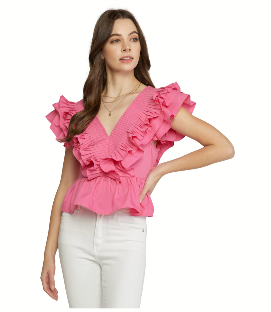Solid v-neck peplum top featuring pleats and ruffle detail at neckline and sleeves