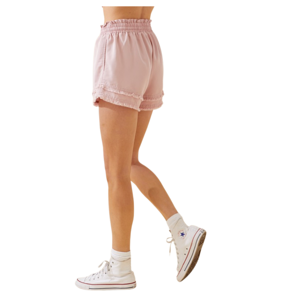 distressed hem detail shorts with elastic waist and drawstring. 