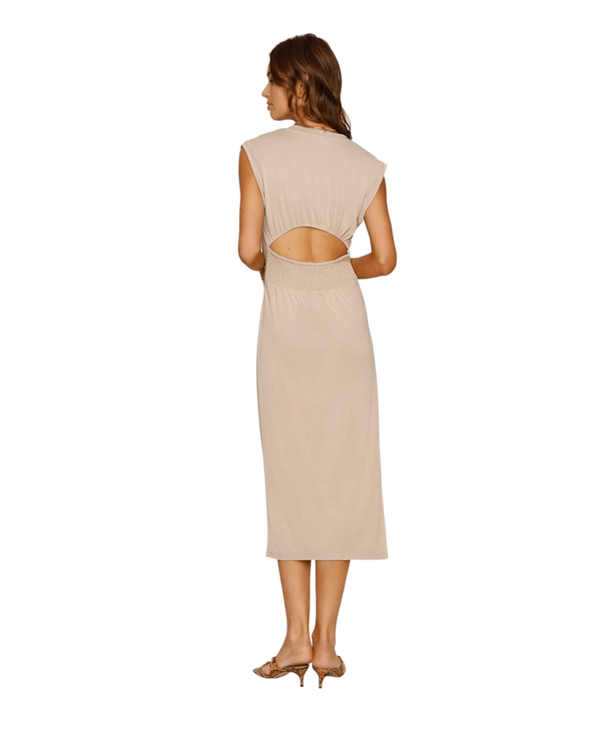 cap sleeve dress with tie waist and front slit maxi style