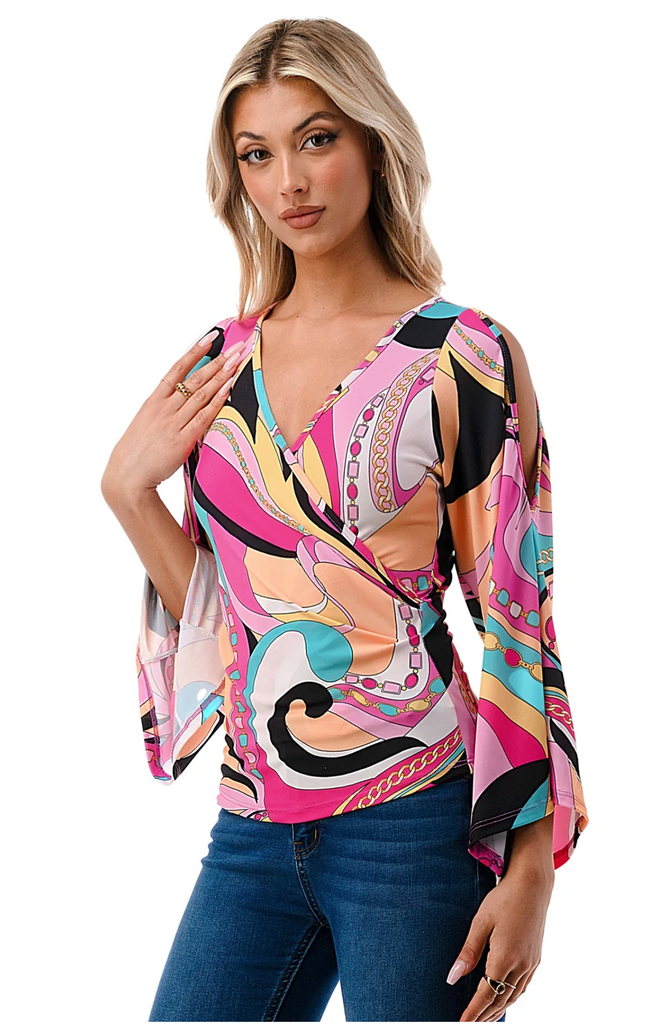 designer inspired print top with wrap front and bell sleeves