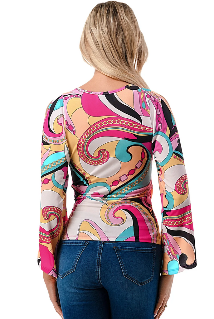 designer inspired print top with wrap front and bell sleeves
