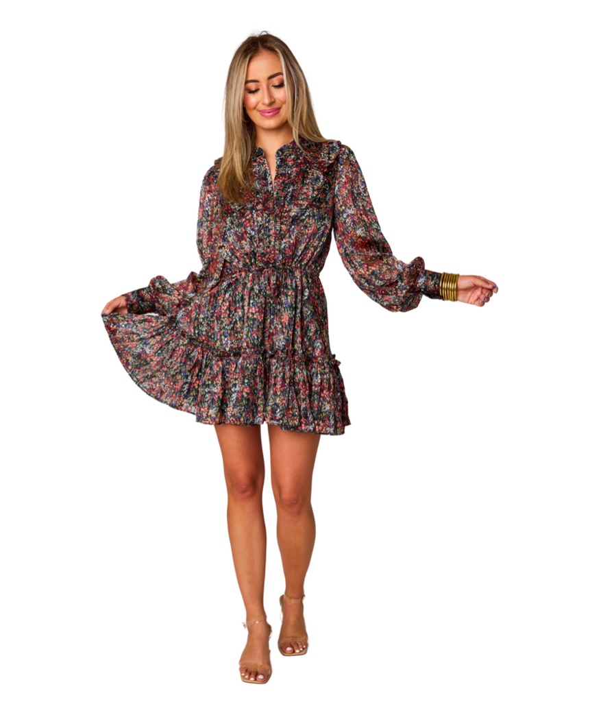 long sleeve cinched waist floral print dress by buddylove