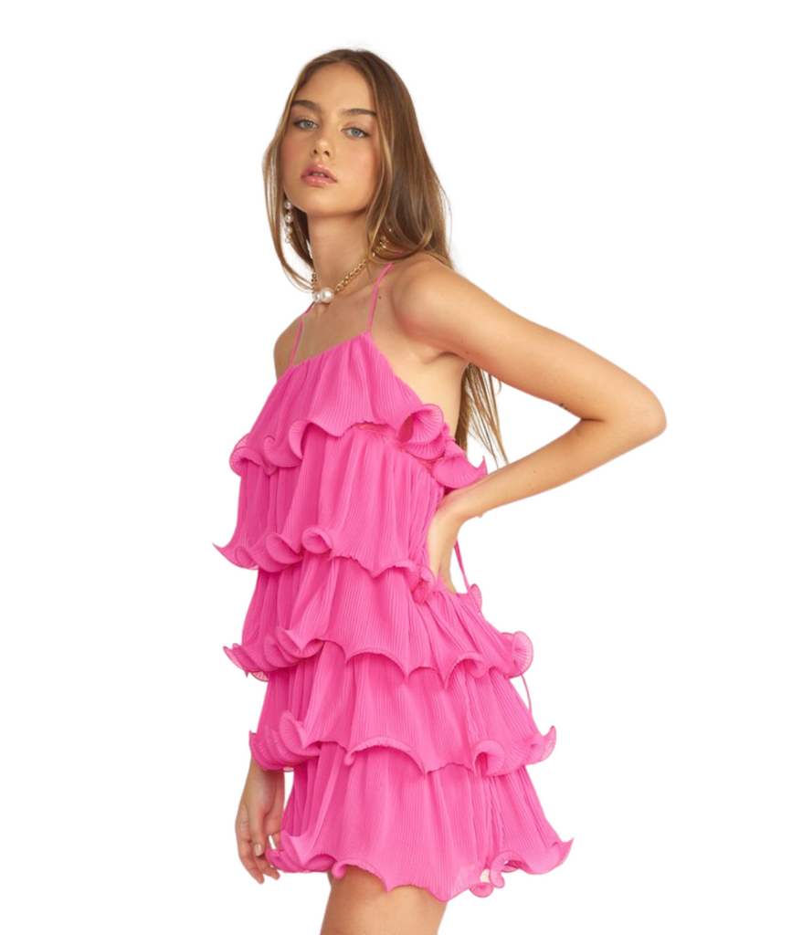 pleated layer mini dress in rose pink