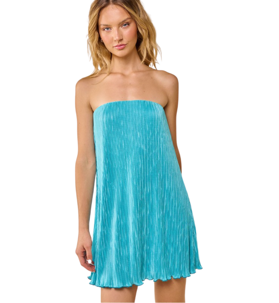 plisse pleated strapless dress in pool blue
