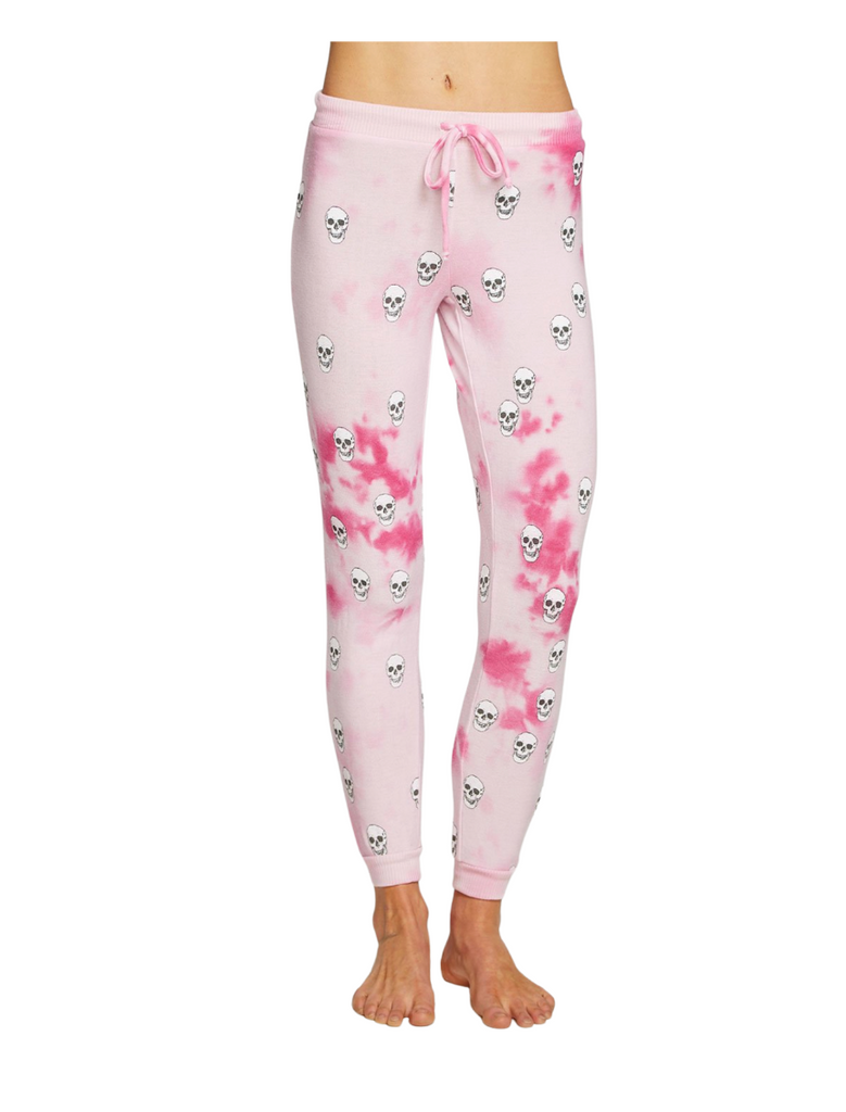 pink tie dye skull print joggers by chaser