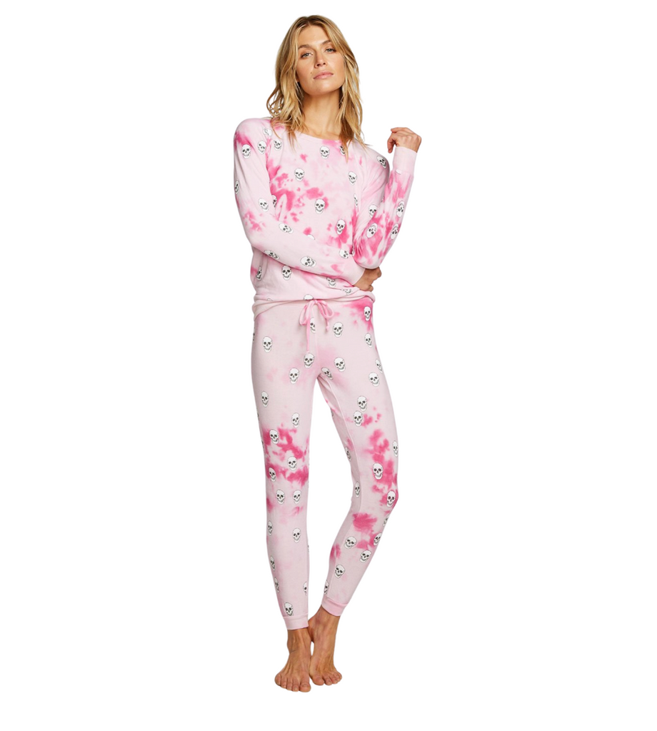 pink tie dye skull print crewneck pullover and joggers set by chaser