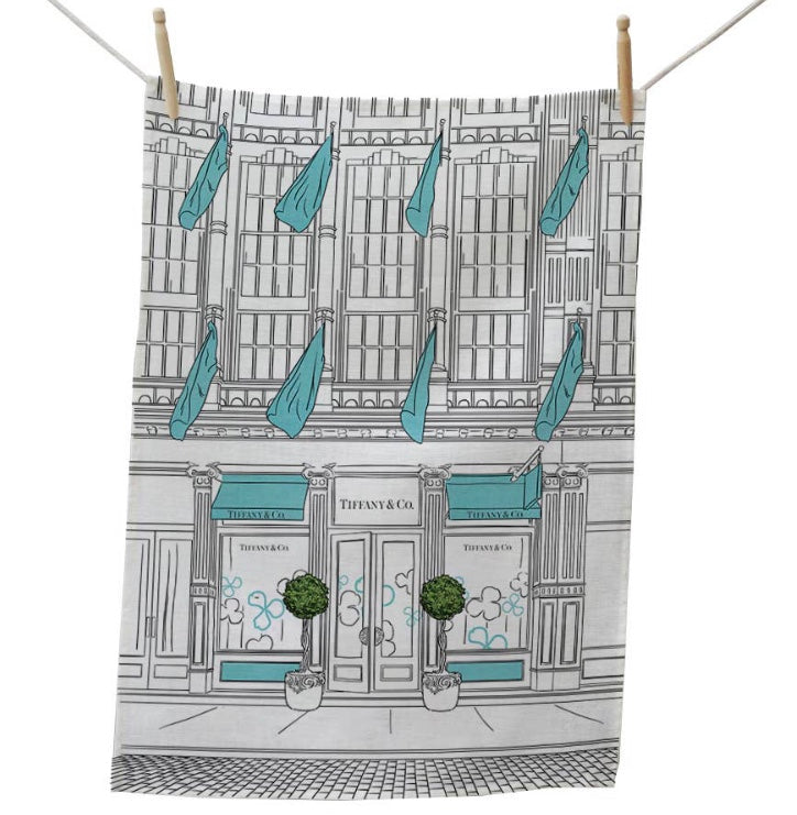 Designer inspired Tiffany storefront kitchen tea towel Thistle and Main