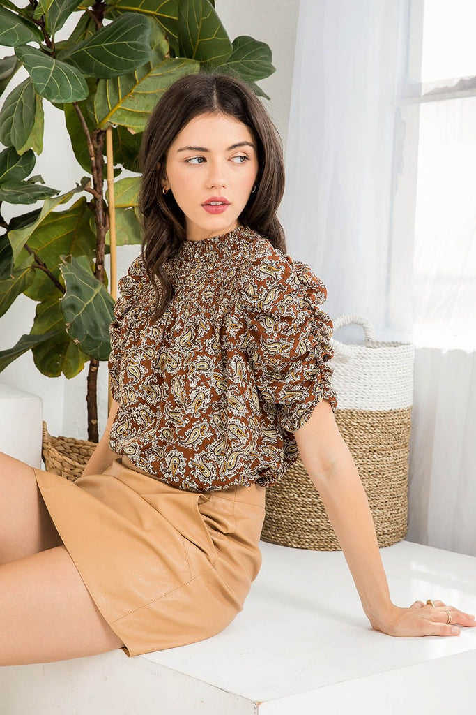 THISTLE AND MAIN Paisley Ruched Sleeve Top